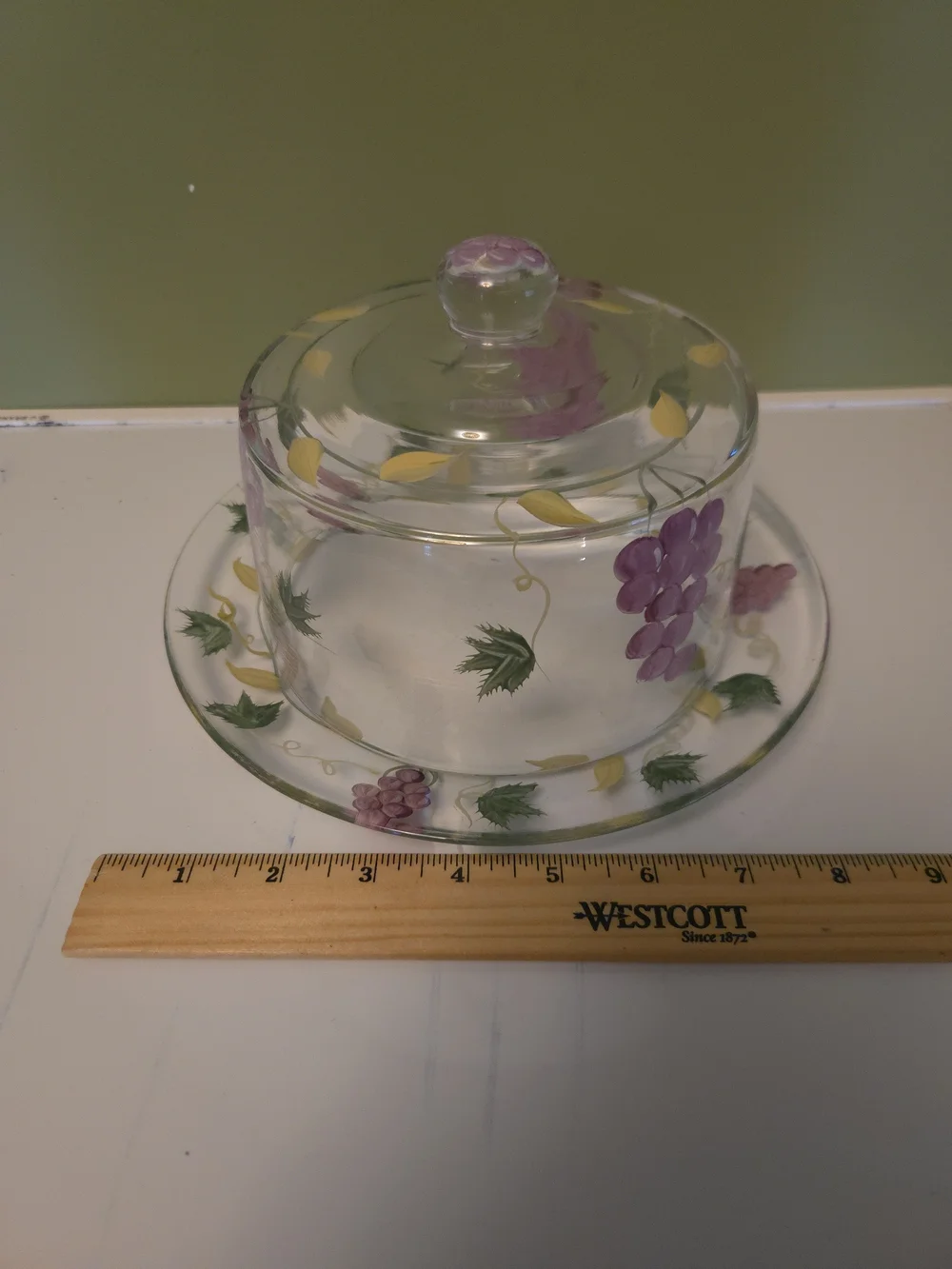 Home Essentials Glass Cheese/Cake Dome Set, Hand Painted Grapes & Vine Motif